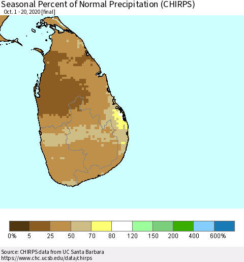 Sri Lanka Seasonal Percent of Normal Precipitation (CHIRPS) Thematic Map For 10/1/2020 - 10/20/2020