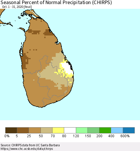Sri Lanka Seasonal Percent of Normal Precipitation (CHIRPS) Thematic Map For 10/1/2020 - 10/31/2020