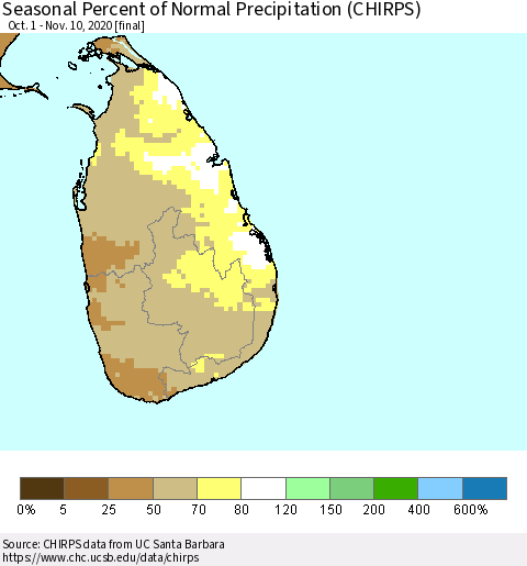 Sri Lanka Seasonal Percent of Normal Precipitation (CHIRPS) Thematic Map For 10/1/2020 - 11/10/2020