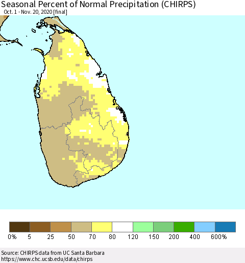 Sri Lanka Seasonal Percent of Normal Precipitation (CHIRPS) Thematic Map For 10/1/2020 - 11/20/2020
