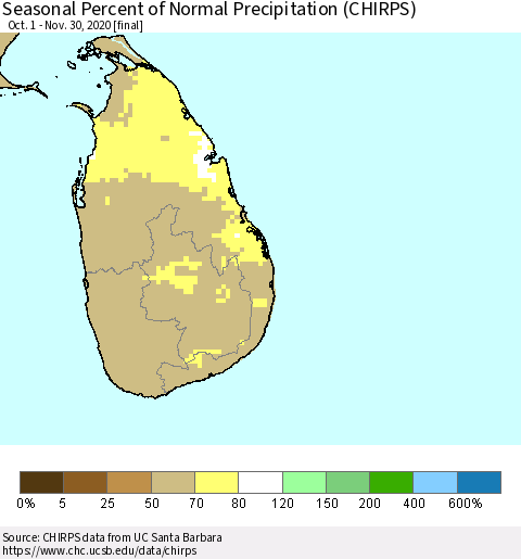 Sri Lanka Seasonal Percent of Normal Precipitation (CHIRPS) Thematic Map For 10/1/2020 - 11/30/2020