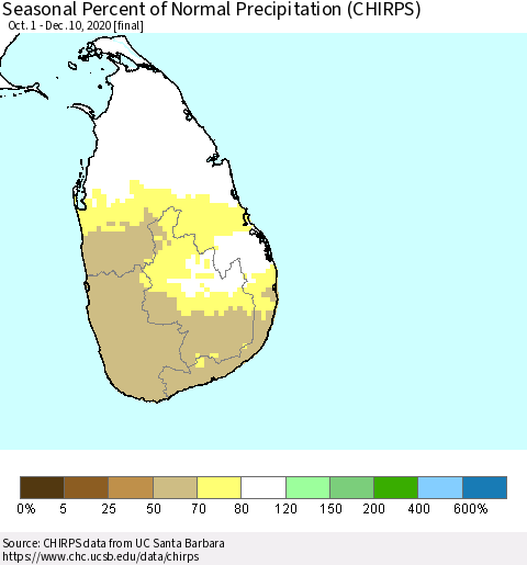 Sri Lanka Seasonal Percent of Normal Precipitation (CHIRPS) Thematic Map For 10/1/2020 - 12/10/2020