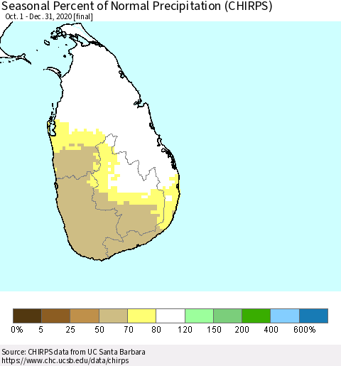 Sri Lanka Seasonal Percent of Normal Precipitation (CHIRPS) Thematic Map For 10/1/2020 - 12/31/2020