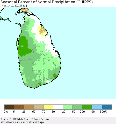Sri Lanka Seasonal Percent of Normal Precipitation (CHIRPS) Thematic Map For 5/1/2021 - 5/10/2021