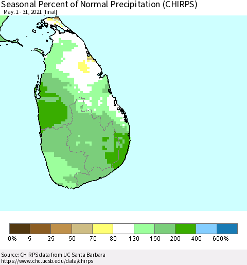 Sri Lanka Seasonal Percent of Normal Precipitation (CHIRPS) Thematic Map For 5/1/2021 - 5/31/2021