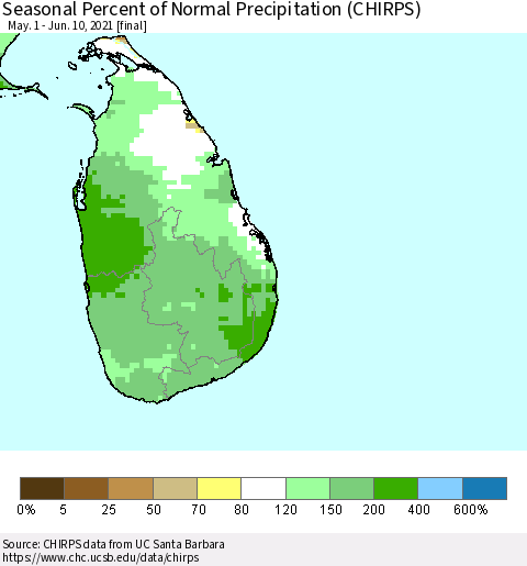 Sri Lanka Seasonal Percent of Normal Precipitation (CHIRPS) Thematic Map For 5/1/2021 - 6/10/2021