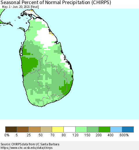 Sri Lanka Seasonal Percent of Normal Precipitation (CHIRPS) Thematic Map For 5/1/2021 - 6/20/2021