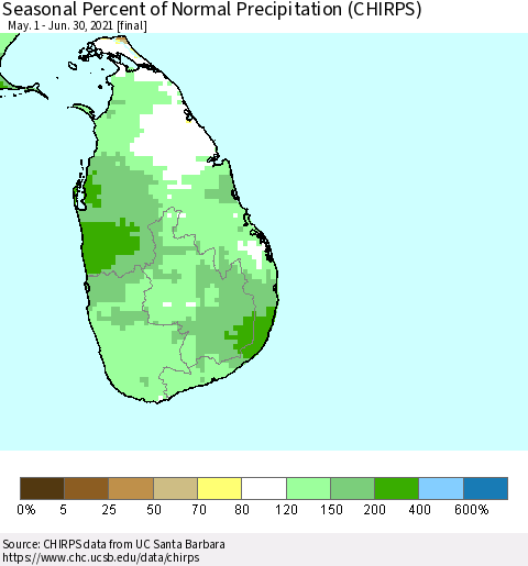 Sri Lanka Seasonal Percent of Normal Precipitation (CHIRPS) Thematic Map For 5/1/2021 - 6/30/2021