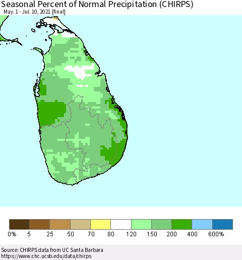 Sri Lanka Seasonal Percent of Normal Precipitation (CHIRPS) Thematic Map For 5/1/2021 - 7/10/2021