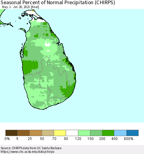 Sri Lanka Seasonal Percent of Normal Precipitation (CHIRPS) Thematic Map For 5/1/2021 - 7/20/2021