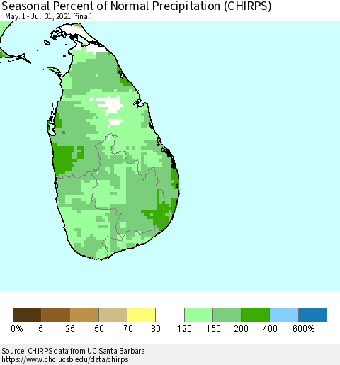 Sri Lanka Seasonal Percent of Normal Precipitation (CHIRPS) Thematic Map For 5/1/2021 - 7/31/2021