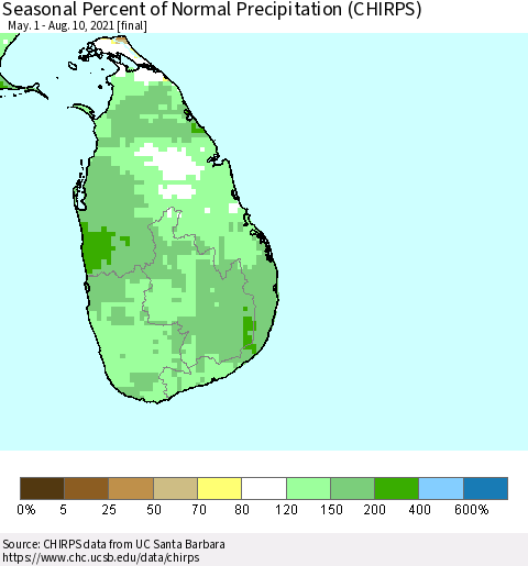 Sri Lanka Seasonal Percent of Normal Precipitation (CHIRPS) Thematic Map For 5/1/2021 - 8/10/2021
