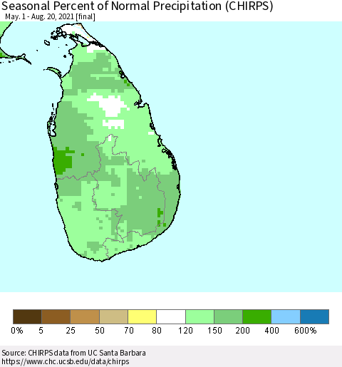 Sri Lanka Seasonal Percent of Normal Precipitation (CHIRPS) Thematic Map For 5/1/2021 - 8/20/2021