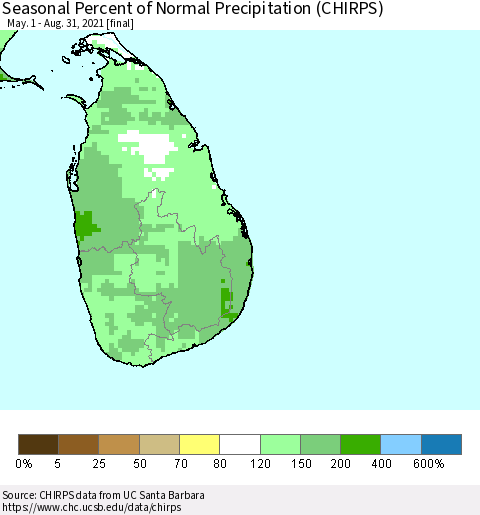 Sri Lanka Seasonal Percent of Normal Precipitation (CHIRPS) Thematic Map For 5/1/2021 - 8/31/2021