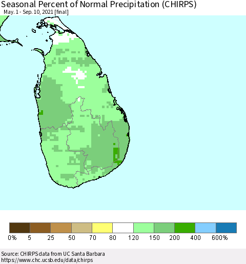 Sri Lanka Seasonal Percent of Normal Precipitation (CHIRPS) Thematic Map For 5/1/2021 - 9/10/2021