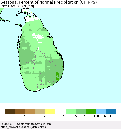 Sri Lanka Seasonal Percent of Normal Precipitation (CHIRPS) Thematic Map For 5/1/2021 - 9/20/2021