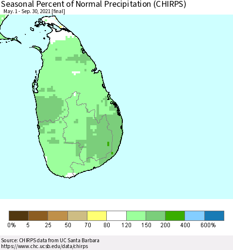 Sri Lanka Seasonal Percent of Normal Precipitation (CHIRPS) Thematic Map For 5/1/2021 - 9/30/2021