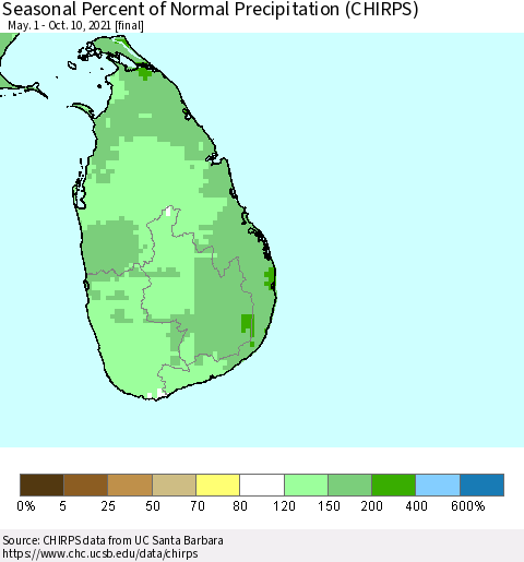 Sri Lanka Seasonal Percent of Normal Precipitation (CHIRPS) Thematic Map For 5/1/2021 - 10/10/2021