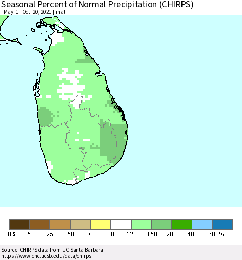 Sri Lanka Seasonal Percent of Normal Precipitation (CHIRPS) Thematic Map For 5/1/2021 - 10/20/2021