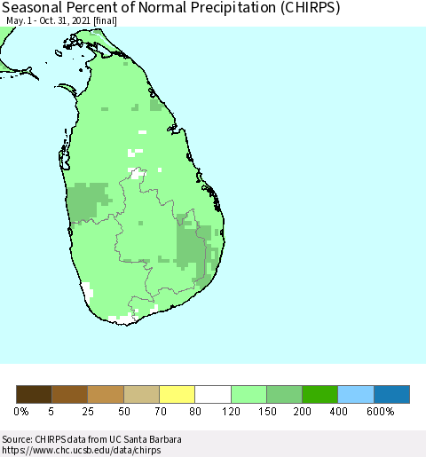 Sri Lanka Seasonal Percent of Normal Precipitation (CHIRPS) Thematic Map For 5/1/2021 - 10/31/2021