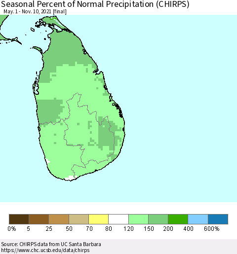 Sri Lanka Seasonal Percent of Normal Precipitation (CHIRPS) Thematic Map For 5/1/2021 - 11/10/2021