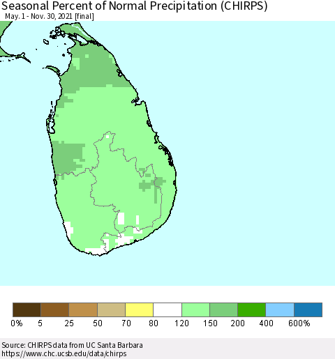 Sri Lanka Seasonal Percent of Normal Precipitation (CHIRPS) Thematic Map For 5/1/2021 - 11/30/2021