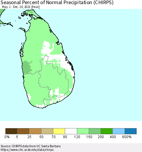 Sri Lanka Seasonal Percent of Normal Precipitation (CHIRPS) Thematic Map For 5/1/2021 - 12/10/2021