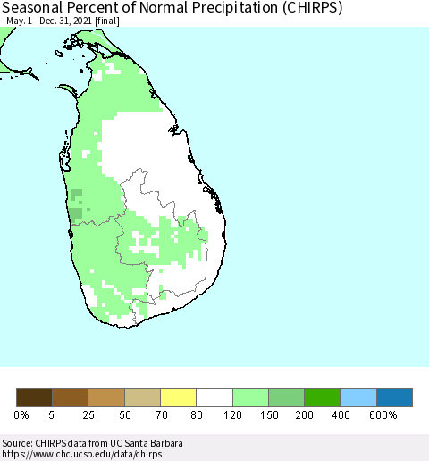 Sri Lanka Seasonal Percent of Normal Precipitation (CHIRPS) Thematic Map For 5/1/2021 - 12/31/2021
