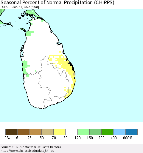 Sri Lanka Seasonal Percent of Normal Precipitation (CHIRPS) Thematic Map For 10/1/2021 - 1/31/2022