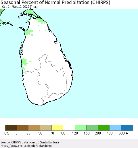 Sri Lanka Seasonal Percent of Normal Precipitation (CHIRPS) Thematic Map For 10/1/2021 - 3/10/2022