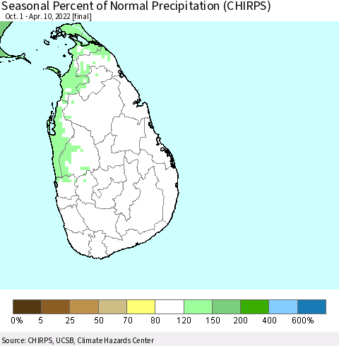 Sri Lanka Seasonal Percent of Normal Precipitation (CHIRPS) Thematic Map For 10/1/2021 - 4/10/2022