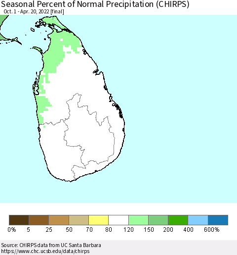 Sri Lanka Seasonal Percent of Normal Precipitation (CHIRPS) Thematic Map For 10/1/2021 - 4/20/2022