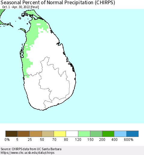 Sri Lanka Seasonal Percent of Normal Precipitation (CHIRPS) Thematic Map For 10/1/2021 - 4/30/2022