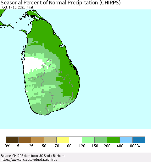 Sri Lanka Seasonal Percent of Normal Precipitation (CHIRPS) Thematic Map For 10/1/2021 - 10/10/2021