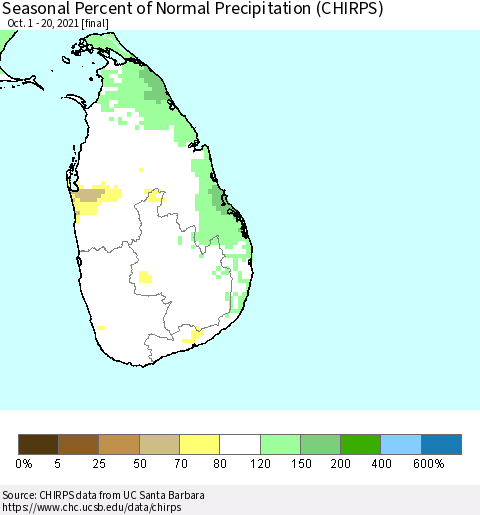 Sri Lanka Seasonal Percent of Normal Precipitation (CHIRPS) Thematic Map For 10/1/2021 - 10/20/2021