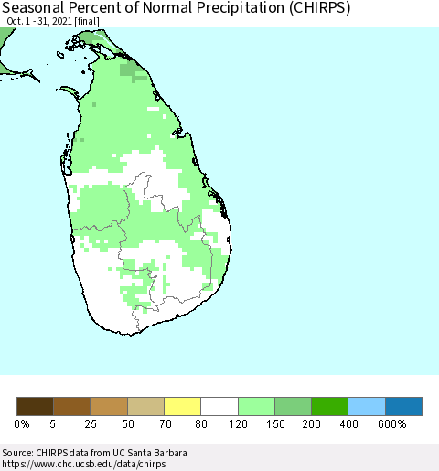 Sri Lanka Seasonal Percent of Normal Precipitation (CHIRPS) Thematic Map For 10/1/2021 - 10/31/2021