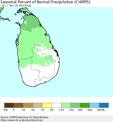 Sri Lanka Seasonal Percent of Normal Precipitation (CHIRPS) Thematic Map For 10/1/2021 - 11/20/2021