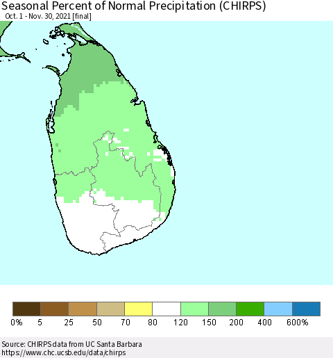Sri Lanka Seasonal Percent of Normal Precipitation (CHIRPS) Thematic Map For 10/1/2021 - 11/30/2021