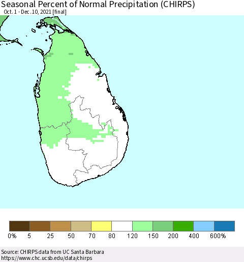 Sri Lanka Seasonal Percent of Normal Precipitation (CHIRPS) Thematic Map For 10/1/2021 - 12/10/2021