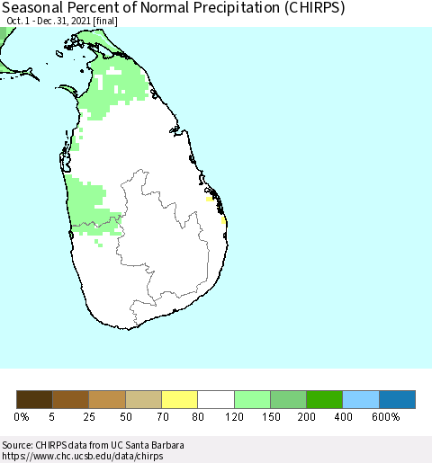 Sri Lanka Seasonal Percent of Normal Precipitation (CHIRPS) Thematic Map For 10/1/2021 - 12/31/2021