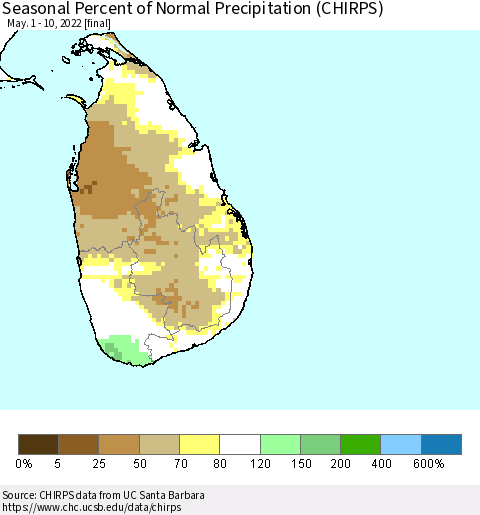 Sri Lanka Seasonal Percent of Normal Precipitation (CHIRPS) Thematic Map For 5/1/2022 - 5/10/2022