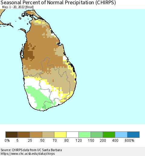 Sri Lanka Seasonal Percent of Normal Precipitation (CHIRPS) Thematic Map For 5/1/2022 - 5/20/2022