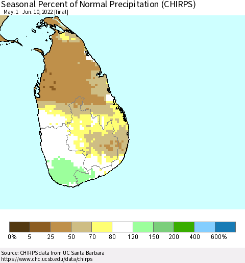 Sri Lanka Seasonal Percent of Normal Precipitation (CHIRPS) Thematic Map For 5/1/2022 - 6/10/2022