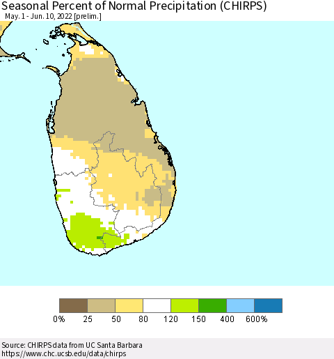 Sri Lanka Seasonal Percent of Normal Precipitation (CHIRPS) Thematic Map For 5/1/2022 - 6/10/2022