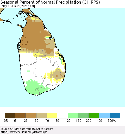 Sri Lanka Seasonal Percent of Normal Precipitation (CHIRPS) Thematic Map For 5/1/2022 - 6/20/2022