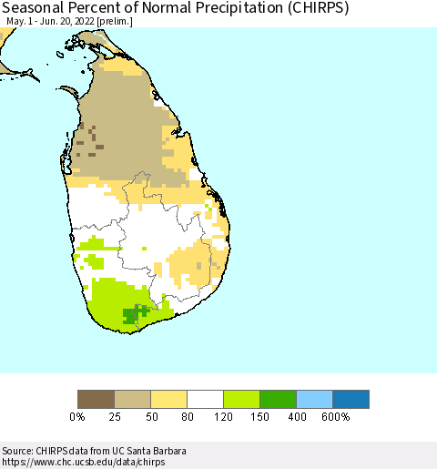 Sri Lanka Seasonal Percent of Normal Precipitation (CHIRPS) Thematic Map For 5/1/2022 - 6/20/2022