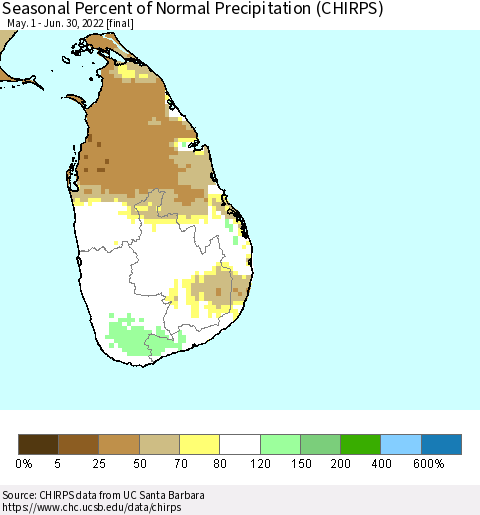 Sri Lanka Seasonal Percent of Normal Precipitation (CHIRPS) Thematic Map For 5/1/2022 - 6/30/2022