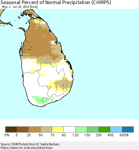Sri Lanka Seasonal Percent of Normal Precipitation (CHIRPS) Thematic Map For 5/1/2022 - 7/10/2022