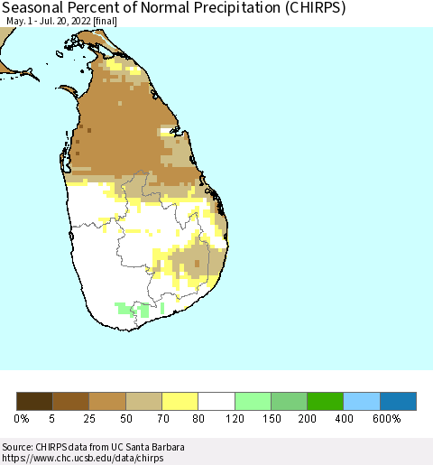 Sri Lanka Seasonal Percent of Normal Precipitation (CHIRPS) Thematic Map For 5/1/2022 - 7/20/2022
