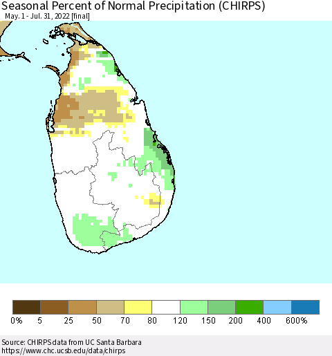 Sri Lanka Seasonal Percent of Normal Precipitation (CHIRPS) Thematic Map For 5/1/2022 - 7/31/2022